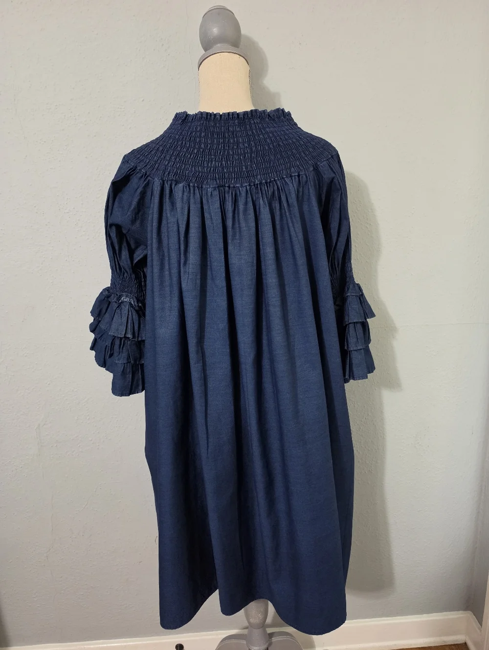 Elegant Navy Denim Off-Shoulder Dress with Ruffle Sleeves One Size